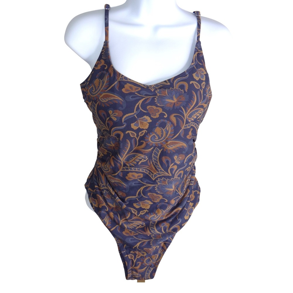 Womens Blue Gold Floral Paisley Ruched One Piece Swimsuit Open Back Keyhole L